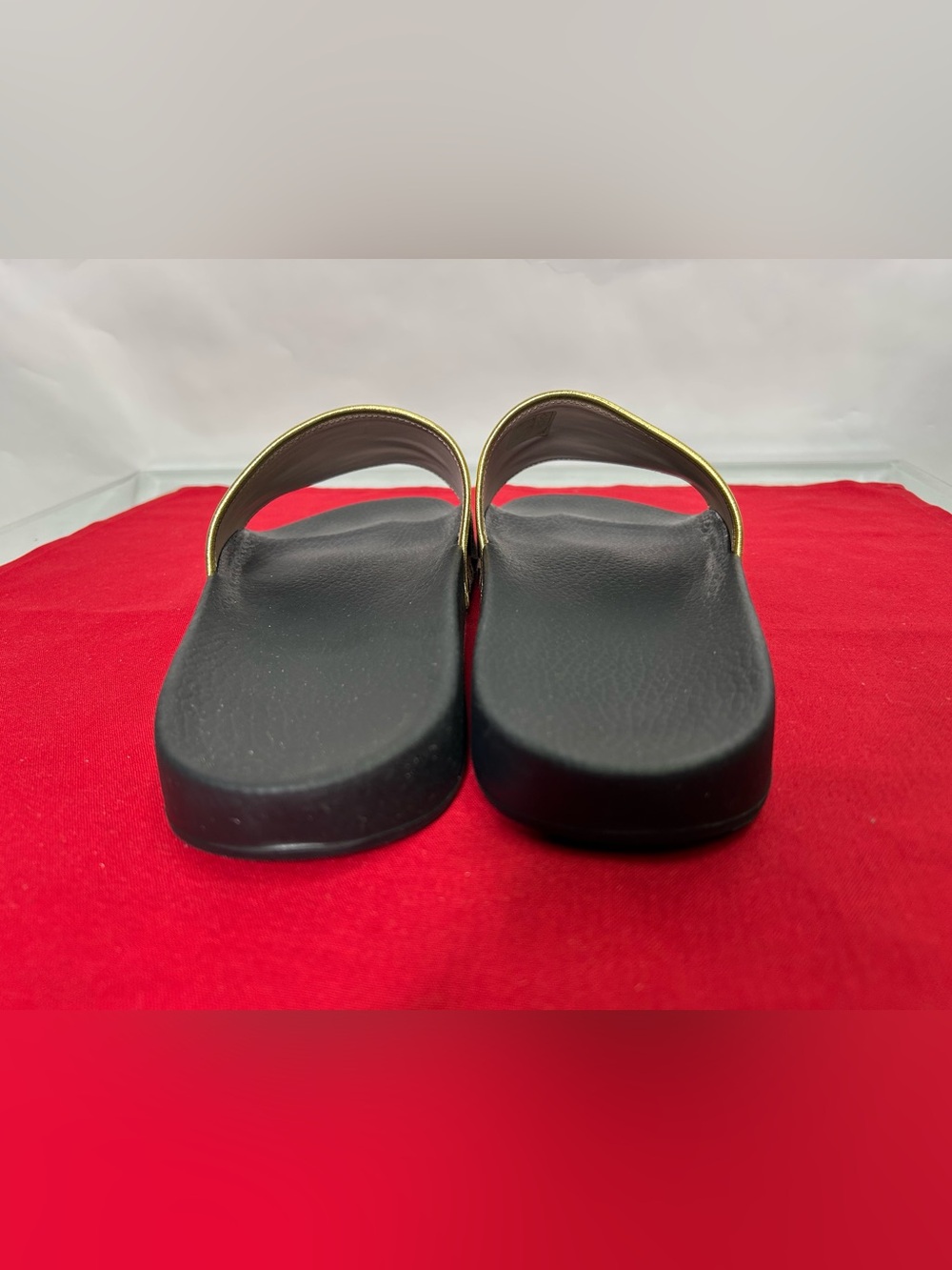 Gucci Sandals Pursuit 72 Knit Slide Brown Gold GG Monogram Slide Sandal Black - Picture 4 of 11